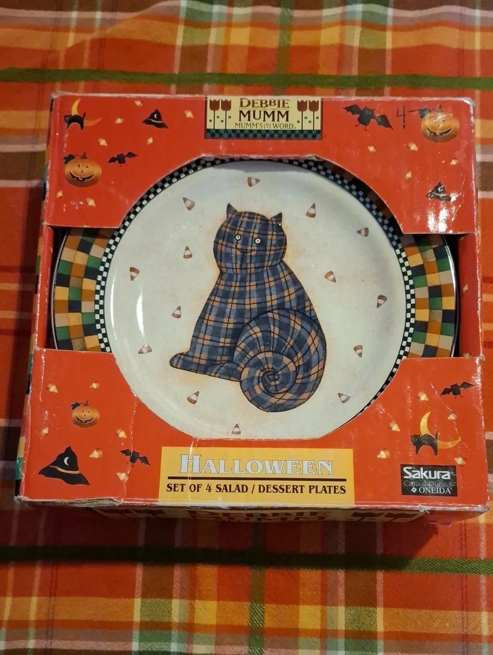 Vintage 1990s Debbie Mumm Halloween Orange Plaid Cat Salad Plates - Set of 4
